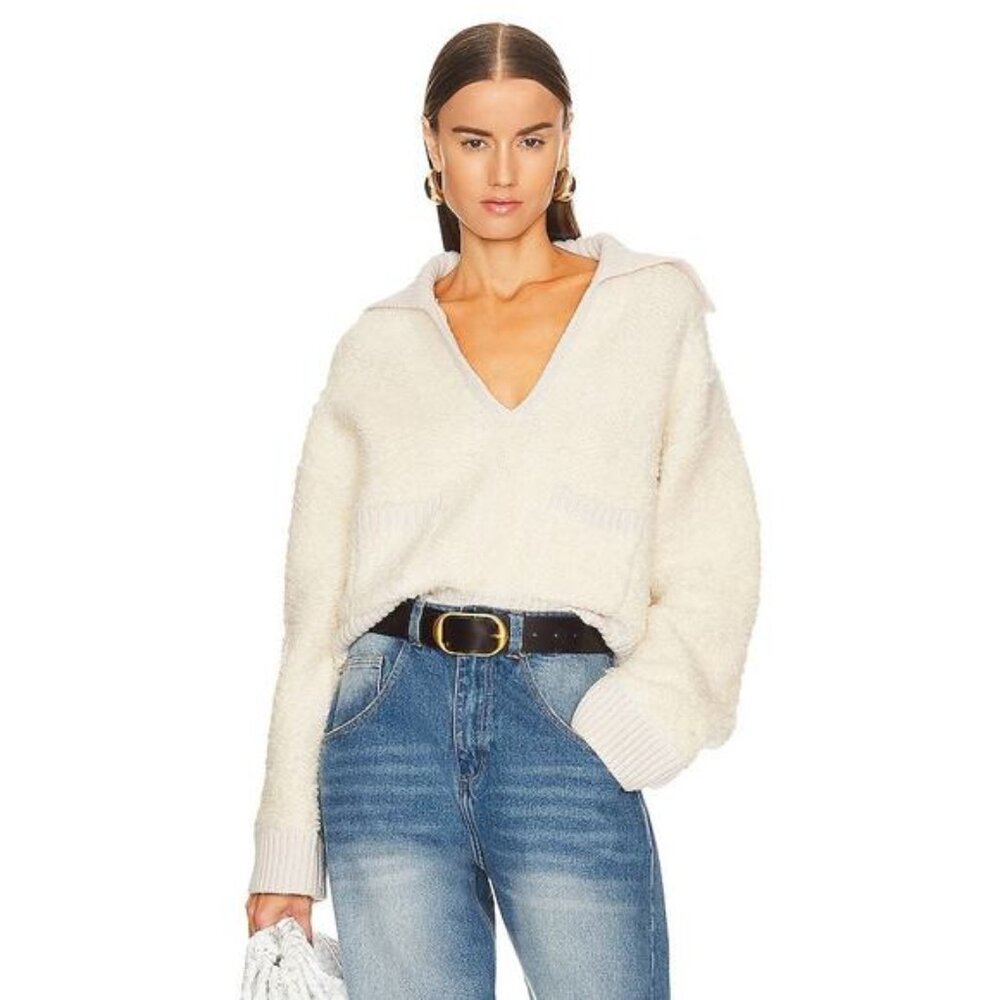helsa hartley collared boucle wool blend v neck sweater in ivory cream